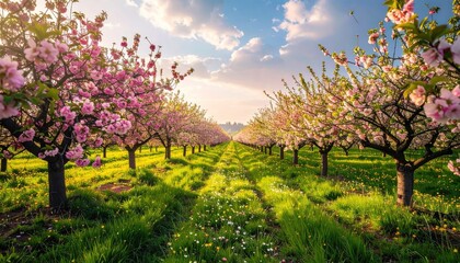 Vibrant Spring Orchard Rows with Pink and White Blossoms Under a Golden Sunlit Sky with Scattered Clouds and Lush Green Grass Field with Wildflowers