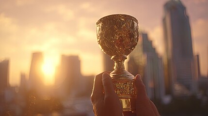 Hand Holding Gold Trophy At Sunset Cityscape