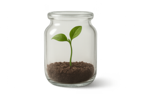 Young green seedling growing in glass jar