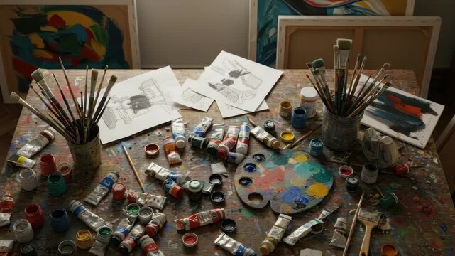 Artistic workspace with paint supplies and tools
