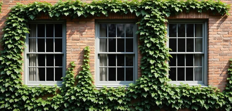 Traditional sash windows on red brick house covered in green ivy vines. Architectural detail with classic design on sunny day. Home facade exterior view.