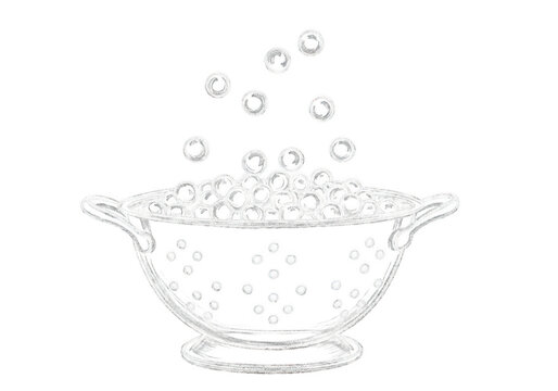 Colander with spheres falling isolated on transparent background, creating a clean and minimal design. Colander filled with small spherical objects in artistic sketch style illustration