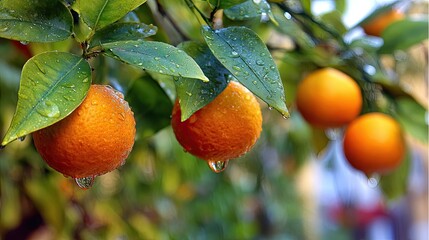 Close up of ripe oranges hanging from tree branches with green leaves