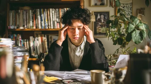 男性が在宅勤務の書斎で疲れて頭を強く抱える