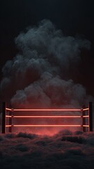 Empty Boxing Ring With Red Neon Lights And Smoke