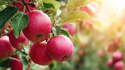 Close up of ripe red apples hanging from tree branches in sunlight