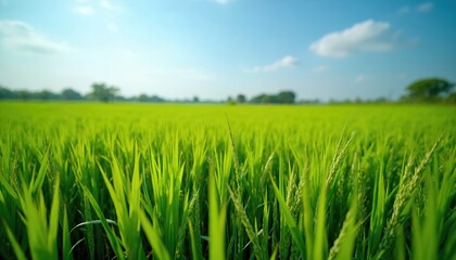 Fototapeta premium Lush green rice field landscape under clear sky, symbolizing agricultural abundance and healthy growth. Vast plantation reflects natural bounty and rural life.