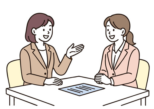 商談面接で話す女性ビジネスマンのイラスト