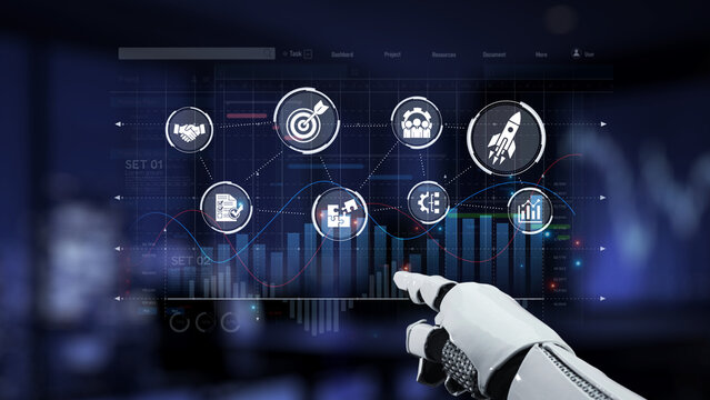 A futuristic robotic hand interacts with a digital interface filled with business metrics, charts, and targets, symbolizing innovative technology in data analysis. Synapse