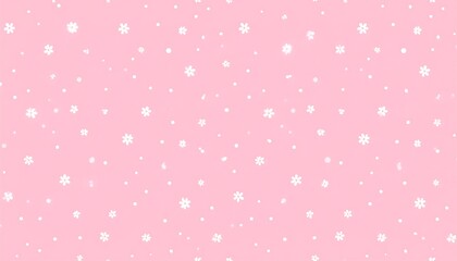 A pastel pink background is covered with small white snowflakes and dots, creating a whimsical pattern suggestive of winter or a gentle snowfall