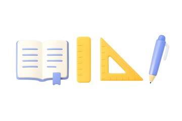 Open notebook with pen ruler and triangle ruler for school and study