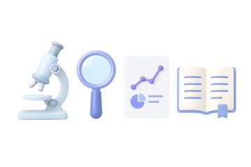 Scientific research and analysis tools including microscope magnifying glass chart and open book