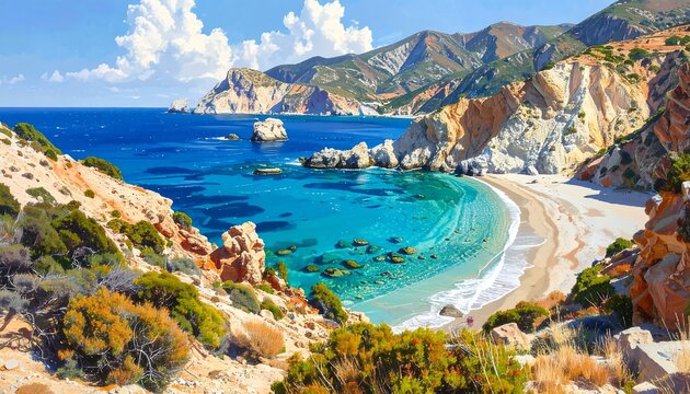 A scenic coastal view showcasing turquoise waters, sandy beach, and rugged mountain landscapes under a bright, sunny sky