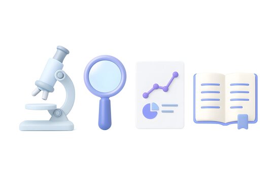 Scientific research and analysis tools including microscope magnifying glass chart and open book