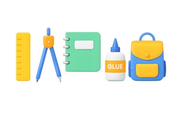 Collection of school supplies including a ruler compass notebook glue and backpack