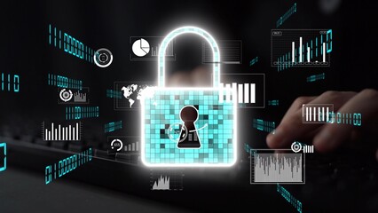 A conceptual representation of digital security featuring a glowing padlock, surrounded by graphs and data, highlighting the importance of online protection in today technology landscape. Xenic