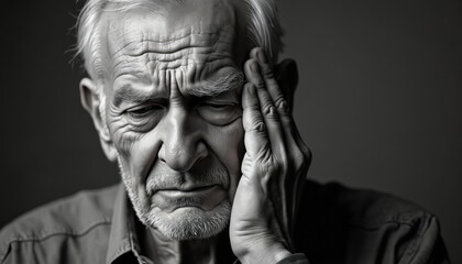 Elderly man with hand on temple looks distressed. Wrinkled face shows sadness frustration or pain. He might be suffering from hearing loss or a headache.