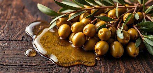 Rich green olives and golden olive oil on dark wood, diet, spoon