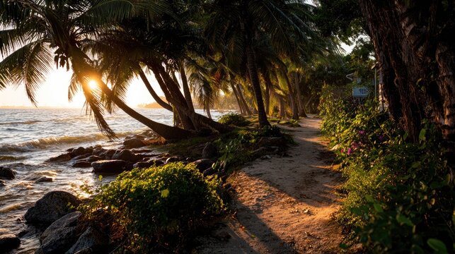 Coastal path lined with palm trees at sunset tranquil scene