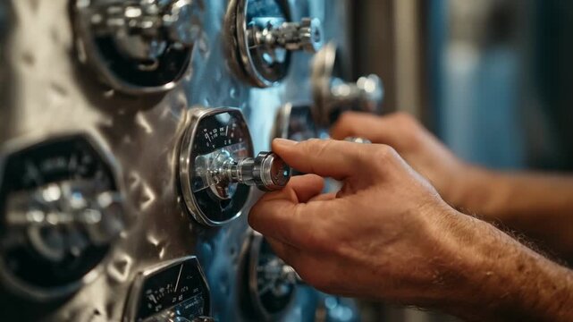 Closeup of hands adjusting temperature controls in a fermentation tank during wine grape processing showcasing modern precision techniques.