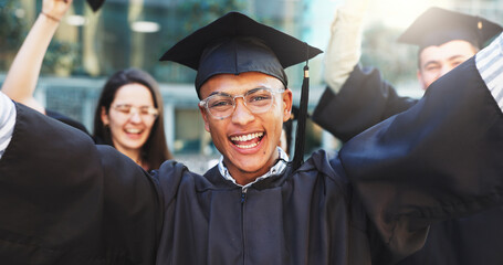 Portrait, excited man and celebrate graduation, success or education achievement outdoor. Graduate, person and happy student cheering for milestone, college goal or university target with friends