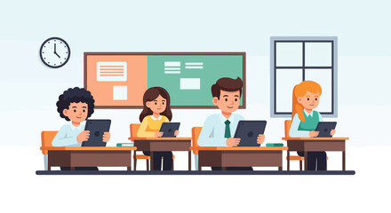 Diverse students in a modern classroom using digital tablets for interactive e-learning and education technology