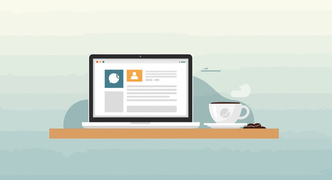 Flat design vector illustration of a modern workspace with a laptop displaying an online user profile page and a cup of coffee