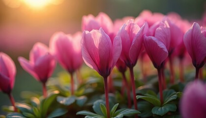 Fototapeta premium Group of bright pink cyclamen flowers in soft sunlight. Delicate petals and green leaves create a beautiful natural scene. Floral detail captures delicate bloom and gentle lighting.