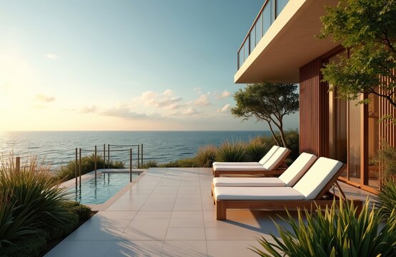 Modern villa with infinity pool and loungers overlooks calm ocean at sunset. Lush green plants surrounds luxury resort terrace, offering serene sea views. Building exterior is sleek.