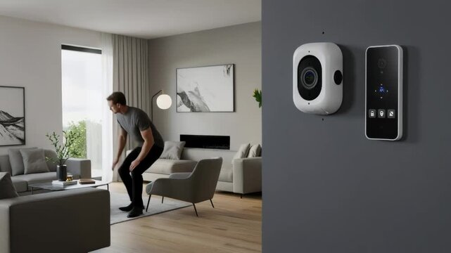 Interactive security camera system monitors a modern living room while a man walks into view, demonstrating smart home surveillance and data protection