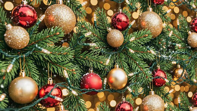 A lush Christmas tree stands tall against a seamless green background, adorned with colorful ornaments that sparkle in harmony with twinkling lights, perfectly capturing the essence of joyous. - Powered by Adobe