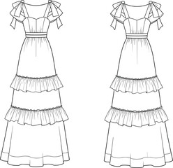 Tiered dress fashion sketch, puff sleeve gown design, ruffle skirt template, front and back view, cad drawing flat vector illustration