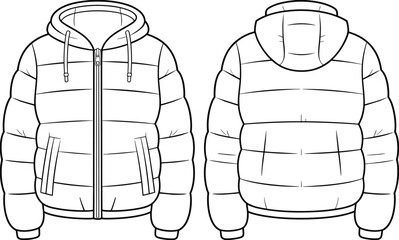 Technical flat sketch of padded puffer hooded jacket with zipper and pockets, detailed winter outerwear apparel CAD drawing vector illustration