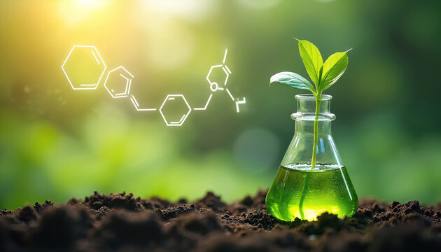 Green plant sprouts in glass flask with liquid and chemical structure overlay. Researching plant growth in soil with blurred green background, lab experiment concept for life science and biotech.