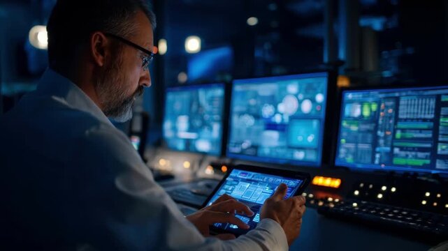 Medium shot of a professional entering secure login credentials on a tablet to access remote monitoring systems in a hightech control room.