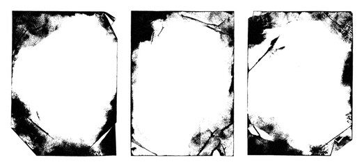 Set of grunge ink paper frames with rough texture and vintage print effect. Distressed analog vinyl paper background for punk album covers, zine design, posters, and creative overlays.