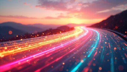 Abstract digital highway with glowing neon light trails at sunset. Represents fast data transfer, cyberspace, and futuristic technology concepts. Information flows like traffic on a cosmic road.