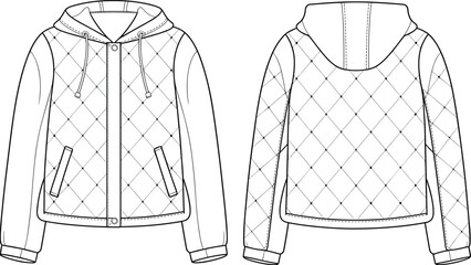 Untitled-4.aiFashion technical flat sketch of quilted hooded jacket with pockets and zipper, winter apparel design CAD drawing vector illustration