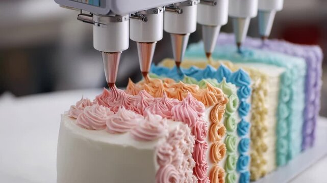 Medium shot showing multinozzle robotic cake decorator simultaneously piping various icing colors for detailed and vibrant cake decorations.