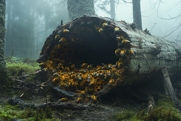 Bees working in a hollowed-out log hive in a misty forest