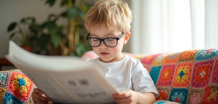 Young boy with glasses sits on a sofa reading a newspaper. Child learns about current events from paper press. Develops knowledge and grows intellectually.