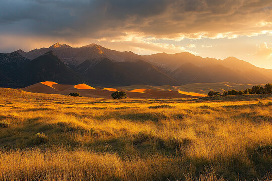 Golden sand dunes glowing under the last light of sunset