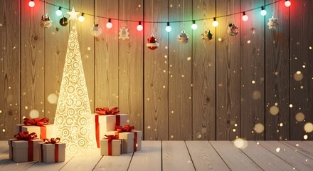 Cozy christmas scene with glowing tree presents and festive lights