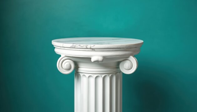 White ionic column with marble top on solid teal background. Empty podium pedestal for cosmetic product presentation. Ancient greek roman pillar provides classic stage. Architectural stone dais for
