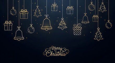 Elegant christmas ornaments and gifts hanging on dark background with festive greeting