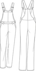 Women denim overalls technical flat fashion sketch with adjustable straps and pockets, stylish jumpsuit CAD garment vector illustration design