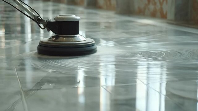 Medium shot capturing the swirling motion of a floor polisher buffing a tile floor emphasizing the even distribution of wax for a sleek look.