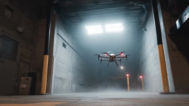 Medium shot of a drone countermeasure system activating electronic jamming to disable nearby surveillance drones in a secure facility.