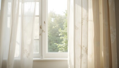 Light linen curtains swaying beside a bright open window