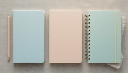 Fototapeta premium Pastel-colored notebooks and pencils on beige linen cloth